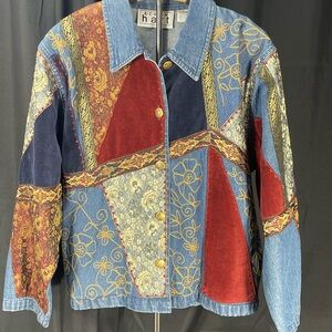 Vintage KEREN hart Patchwork Denim, embroidery & Velvet Jacket. Wine, Navy, Gold